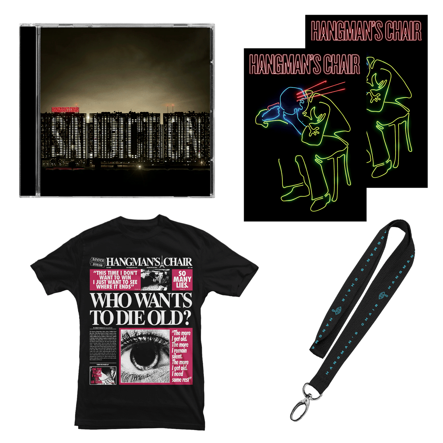 HANGMAN'S CHAIR - Bundle "Who Wants To Die Old?" Black T-Shirt + CD "Saddiction" + Lanyard + Print