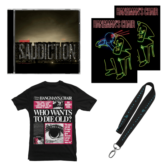 HANGMAN'S CHAIR - Bundle "Who Wants To Die Old?" Black T-Shirt + CD "Saddiction" + Lanyard + Print